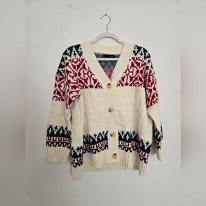 On Blue Cozy Knit Green and Red Christmas Winter Cardigan | Size L
